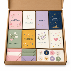 Kit de tarjetas y sobres personalizados sobre fondo blanco