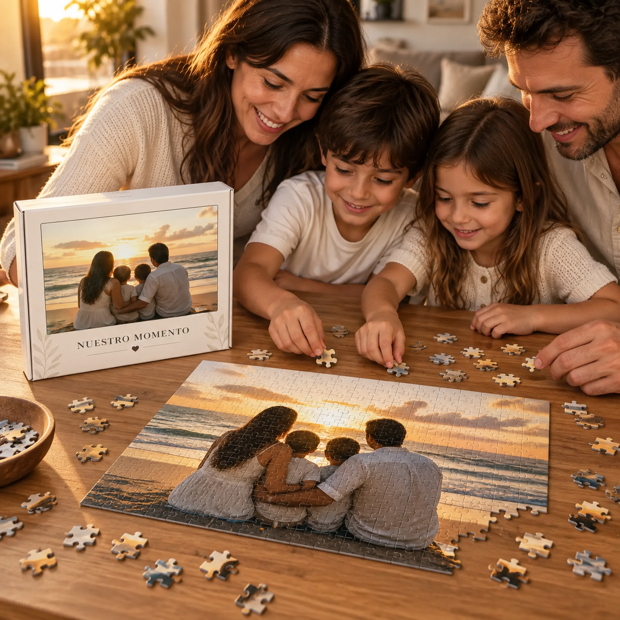 Familia armando un rompecabezas personalizado