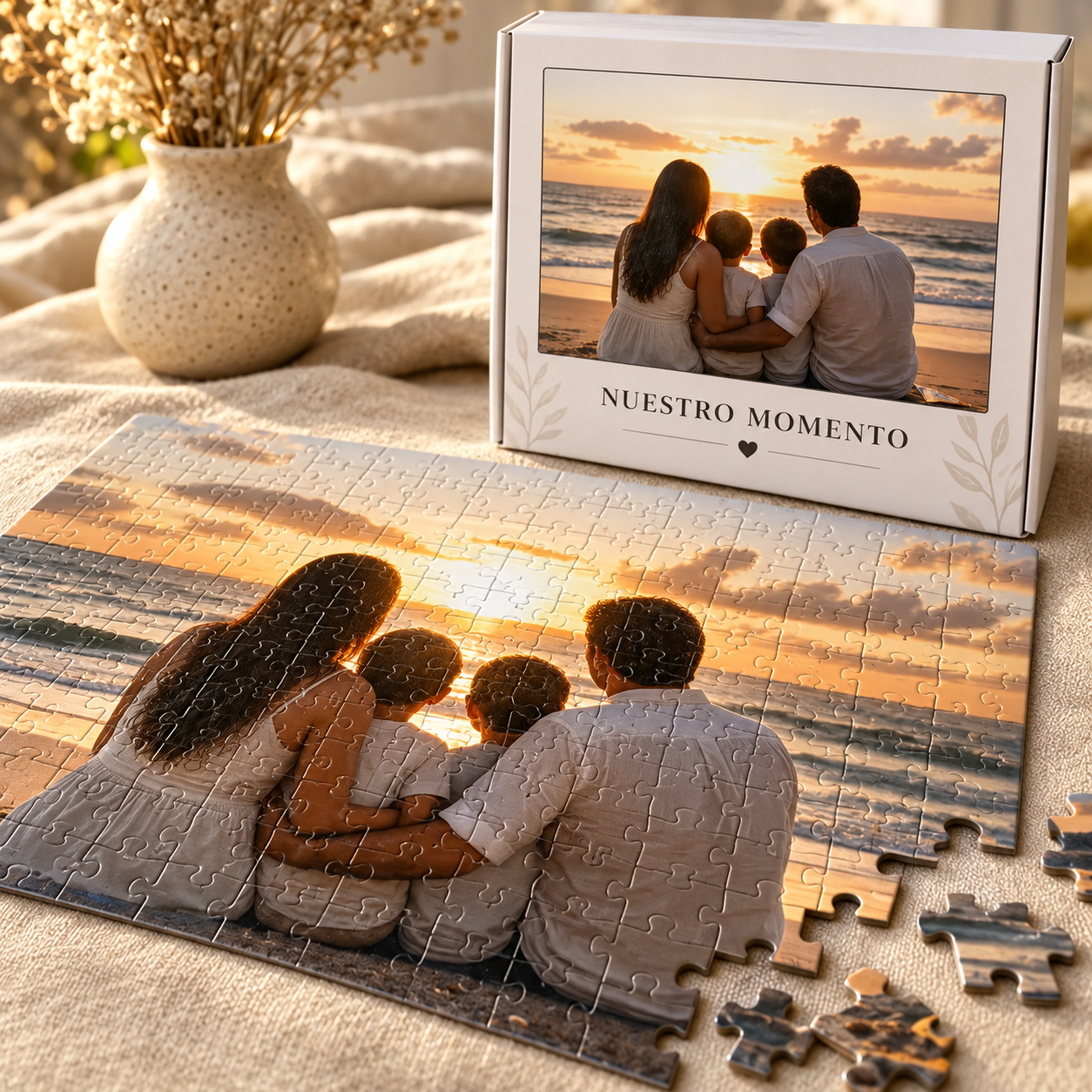 Detalle del rompecabezas y su caja personalizada