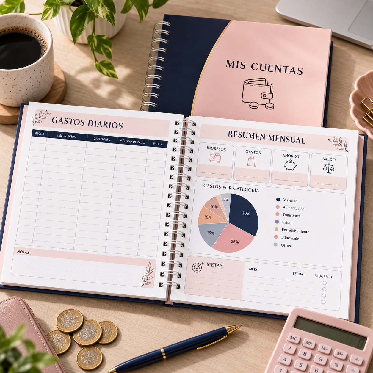 Interior de agenda financiera con gastos y resumen mensual
