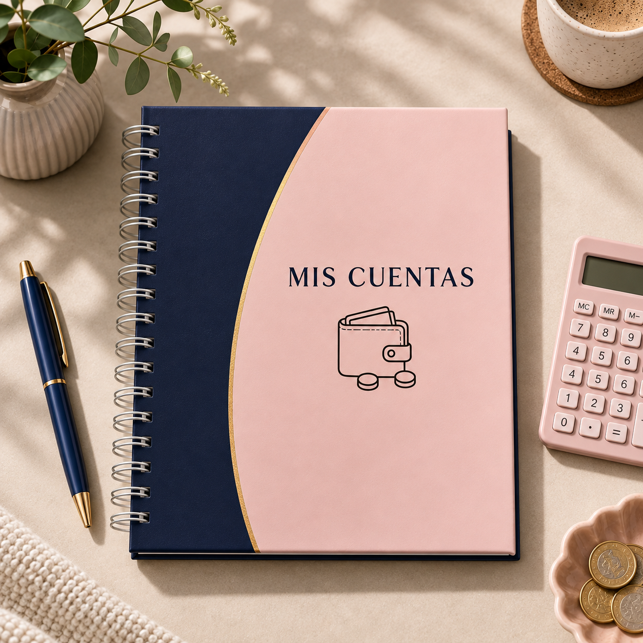 Portada de la Agenda Mis Cuentas con calculadora y bolígrafo