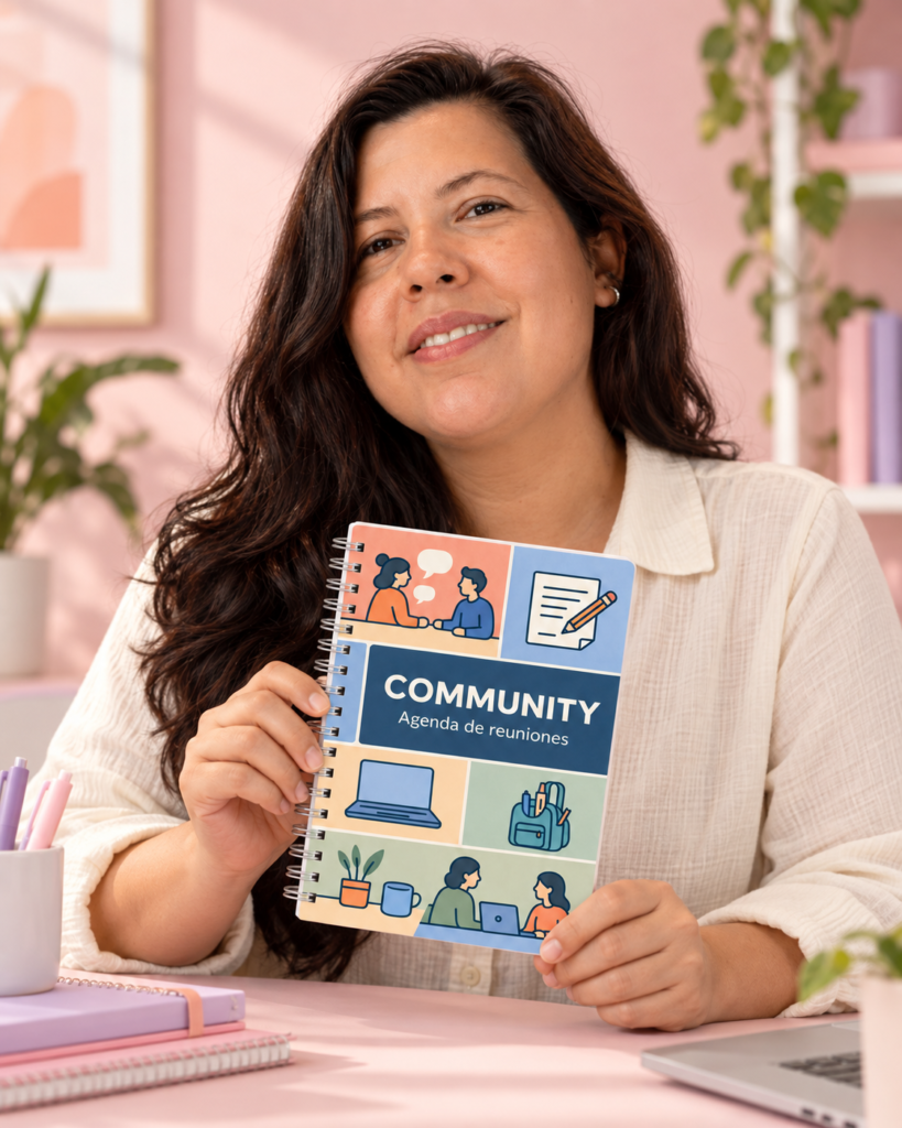 Modelo de Jhey Design con la agenda Community en una escena de papelería creativa
