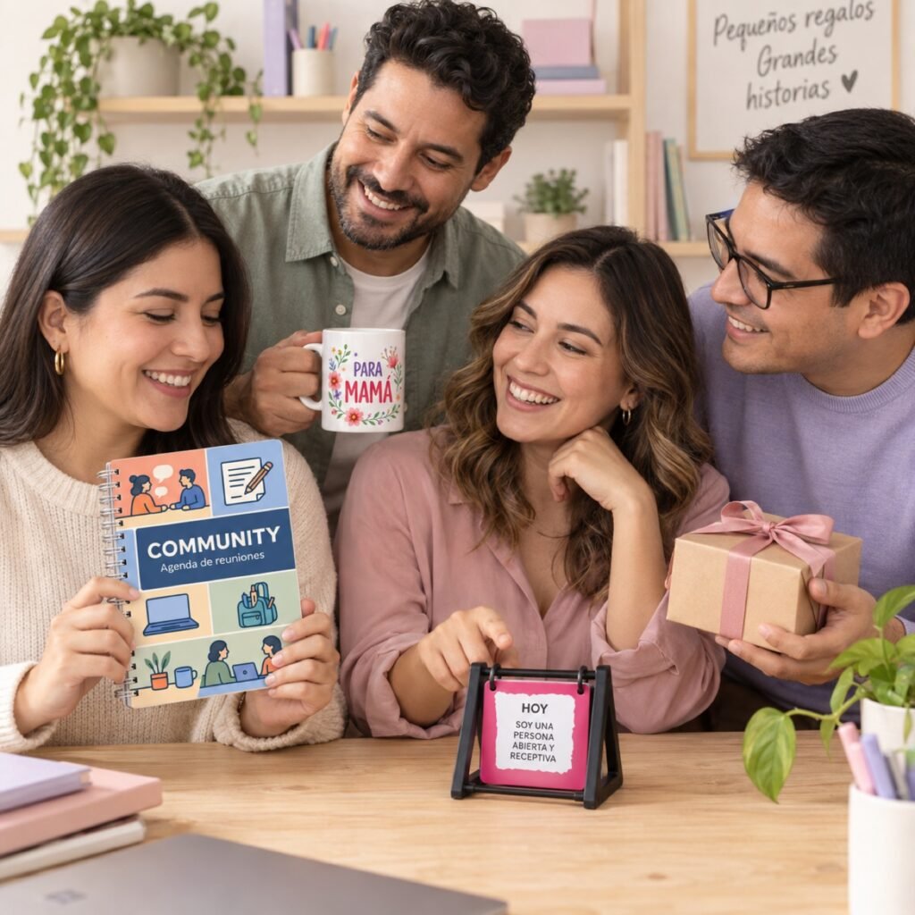 Equipo de mujeres y hombres compartiendo una agenda Community, una taza y un frasesario de Jhey Design.